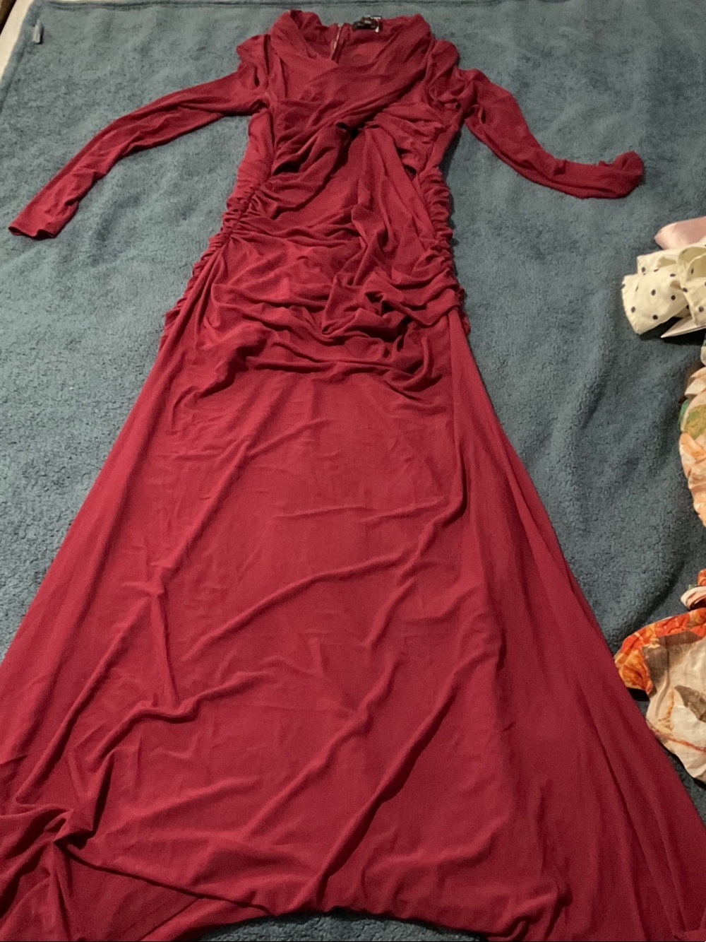 Bardot Wine Ruched Long Sleeve Maxi Dress